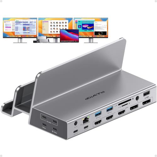 PULWTOP 19-in-1 トリプルディスプレイドッキングステーション、MacBook 用デュアルスタンド 3 モニタードック、トリプル 4K@60Hz モニタードッキングステーション、10