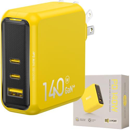 めちゃ早 AOHI 140W 充電器 Type-C 3ポート Gan+搭載(超小型・高効率充電・過熱防止)/PD/PSE認証/折りたたみ式プラグ/充電ステータスライト MacBook pro iPhone Android Samsung Galaxy ipad AirPods AppleWatch Switch 急速充電器 MAGCUBE イエロー EN-MC140YL1の通販は