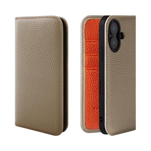 HANATORA iPhone16 ケース 手帳型 本革 スマホケース スマホ スタンド コードホルダー 付き シュリンクカーフレザー ギフト マグネットなし グレージュ + オレンジ PH-16-Grege-OG ギフト 誕生日ギフト 女性 彼女 お母さん お父さん 人気商品 30代 40代 50代 60代 70代