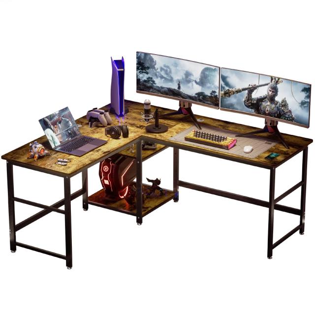 DEWEL ゲーミングデスク パソコンデスク 幅170+150cm 奥行60cm 可動収納棚付き 超ワイドL字デスク オフィスデスク PCデスク メラミン加工 グラつき防止 総耐荷重180kg コーナーデスク 4cmフレーム テレワーク 木製 170+150X60X75cm ブラウン(木目)の通販は