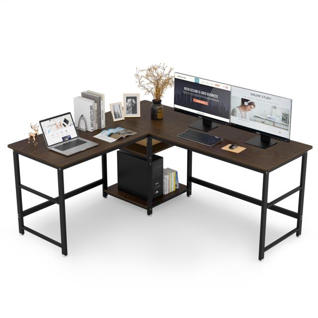DEWEL ゲーミングデスク パソコンデスク 幅170+150cm 奥行60cm 可動収納棚付き 超ワイドL字デスク オフィスデスク PCデスク メラミン加工 グラつき防止 総耐荷重180kg コーナーデスク 4cmフレーム テレワーク 木製 170+150X60X75cm ウォルナット(木目)の通販は 14,347円