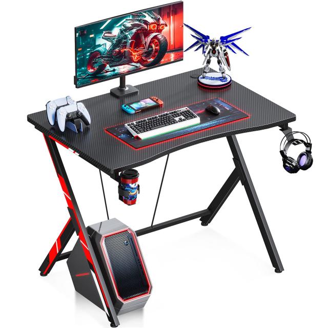 KKL ゲーミングデスク 幅80cm*奥行55cm*高さ75cm パソコンデスク ス字脚 デスク ゲーミングテーブル PCデスク 炭素繊維天板 カップホルダーとヘッドフォンフック付き ゲームデスク ブラックの通販は