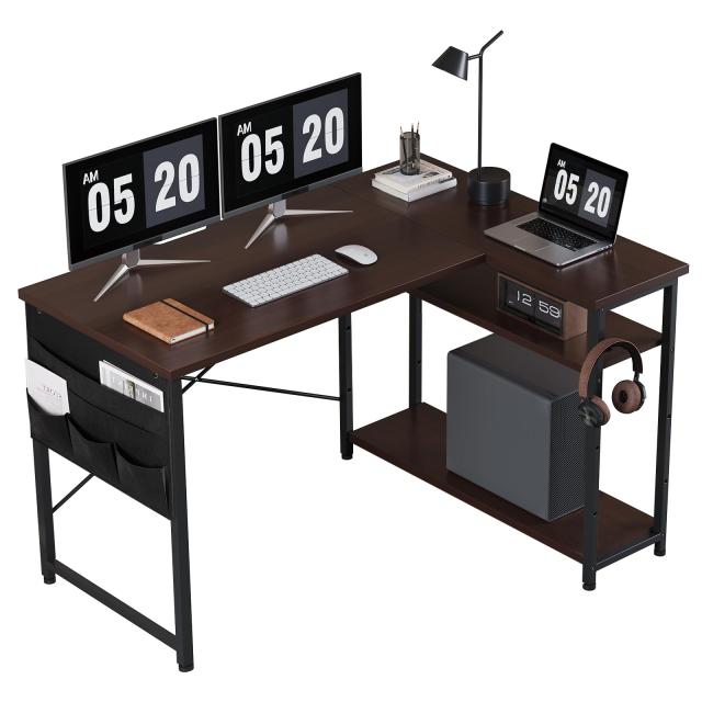 YeTom l字デスク ゲーミングデスク デスク 幅120cm pcデスク コーナーデスク 棚板高さ調節可能 収納袋付き L字型 PC 勉強机 作業 在宅勤務 リモートワーク ゲーム 書斎 収納ラック付き ダークブラウンの通販は