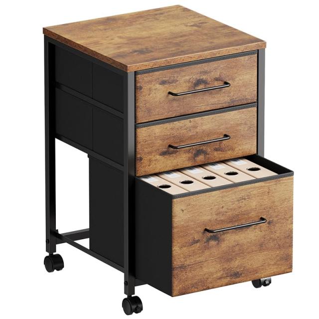 Maihail デスクワゴン サイドワゴン キャスター付き キャビネット 木目調の布製引き出し サイドチェスト 袖机 3段 A4対応 大容量 オフィスワゴン 幅398*奥行398*高さ655mm ビンテージの通販は 5,753円