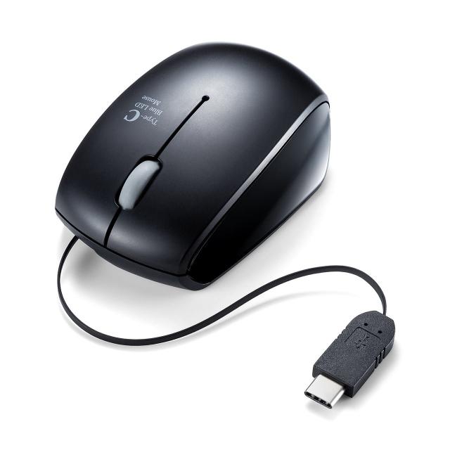 サンワダイレクト Type-C マウス 有線 巻き取り式 Androidスマホ・タブレット Windows Mac対応 小型 ブルーLED光学センサー 3ボタン 400-MA100