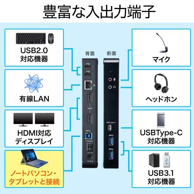 サンワサプライ USB3.1ドッキングステーション(USB2.0×2ポート/USB3.1×2ポート/Type-C×1ポート/RJ-45/ヘッドホン・マイクジャック) タブレットスタンド付き 4K対応 USB-CVDK4_7