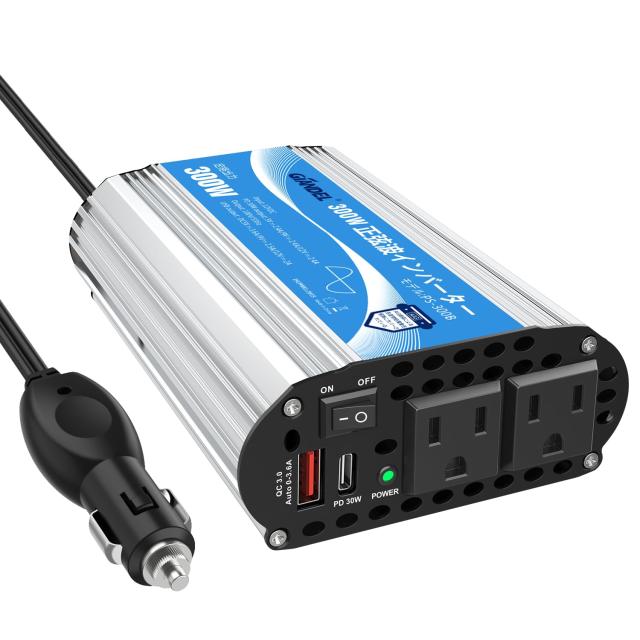 正弦波 300W カー インバーター 車載充電器 変換電源 DC12VをAC100Vに変換 55Hz 車載 インバーター QC3.0 USB-A  PD30W USB-C 超快速充電ポート