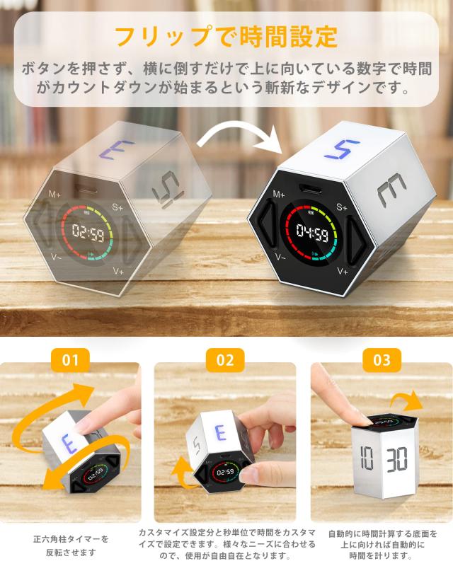 「新時代のデジタルタイマー」TickTime 正六角柱 ポモドーロ タイマー キッチンタイマー キューブタイマー 消音切替 音量切替機能 最大99分59秒 カウントダウン 軽量 勉強 会議 スポーツテスト_4