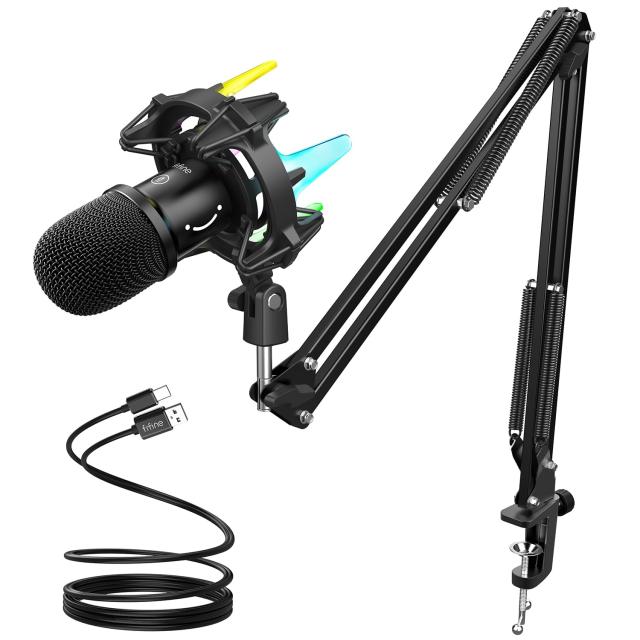 FIFINE USBダイナミックマイク ゲーミングマイク RGBライティング 単一指向性 ミュートボタン マイクセット アームスタンド付き PC用 ポッドキャスト 録音 ゲーム実況 ボイズチャット 生配信 PC/