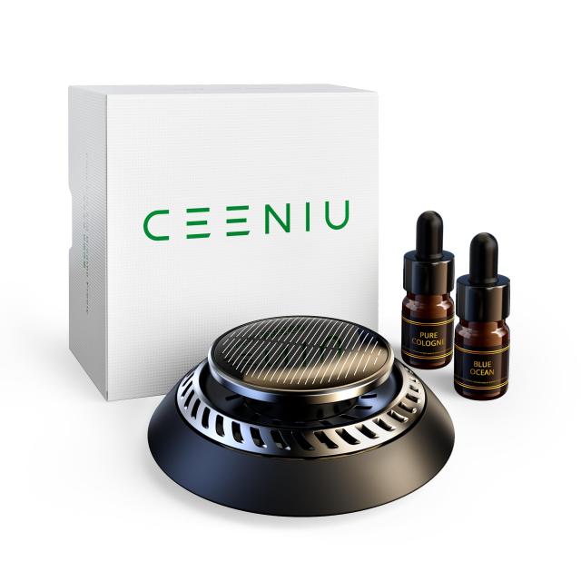ソーラーで香る？DIY可能 CEENIU 車用芳香剤 高級カー用品 2025新型 アルミ合金製 ソーラー回転式 静音 フランス産天然香料 エッセンシャルオイル2本付き F21 カーフレグランス