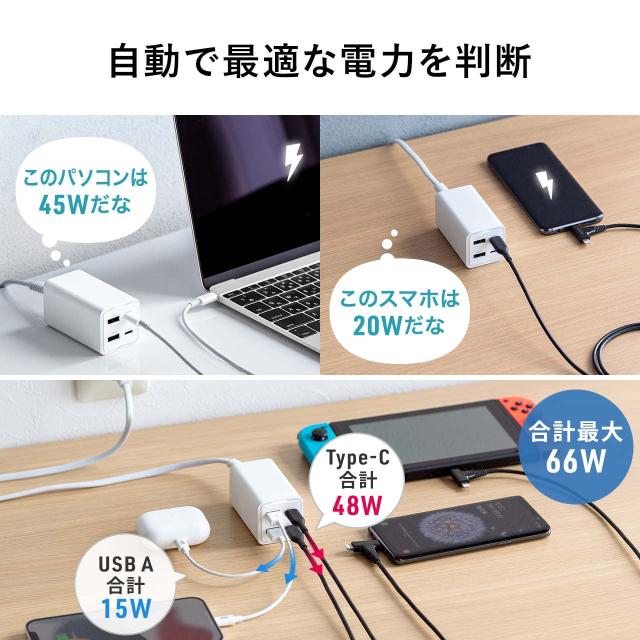 サンワダイレクト Type-C PD 充電器 4ポート 65W 急速充電器 GaN窒素ガリウム採用 PSE認証 USB-C/USB-A機器対応 iPhone Android iPad MacBook 700-AC035W_2