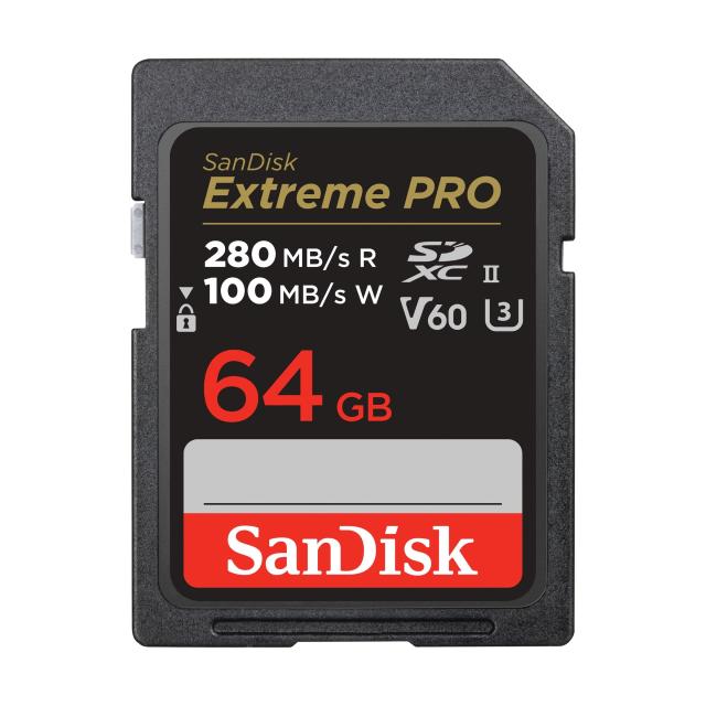 SanDisk 64GB Extreme PRO SDXC、最大280MB/秒、UHS-II、クラス10、U3、V60。