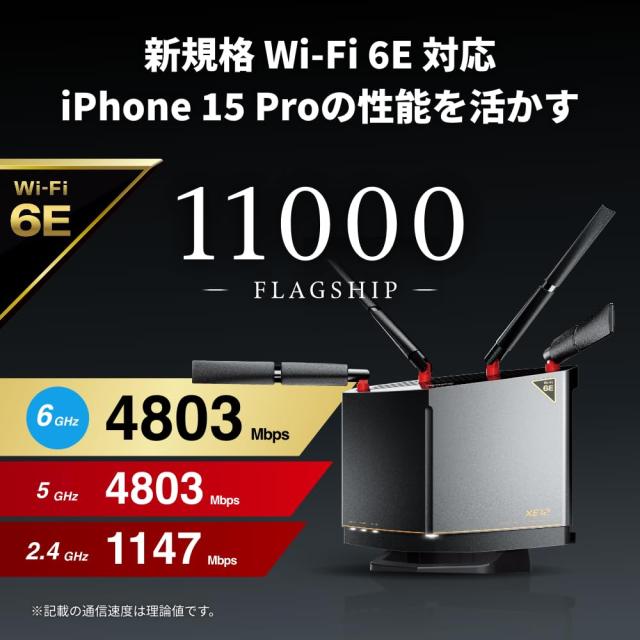 バッファロー WiFi ルーター 無線 LAN Wi-Fi 6E 11ax 6GHz トライバンド 12ストリーム 4803 + 4803 + 1147 Mbps 有線 10Gbps エコパッケージ iPhone 17 / Air / 16 / 15 / Nintendo Switch 2 / PS5 動作確認済み WXR-11000XE12/N_1