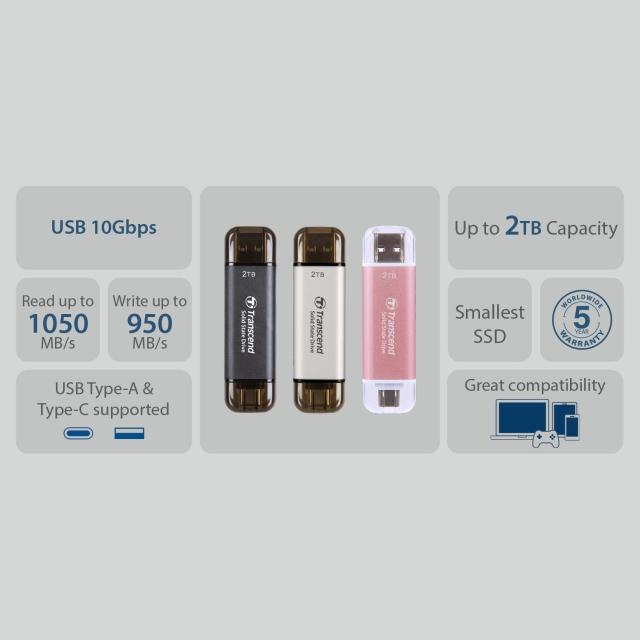 トランセンドジャパン トランセンド ポータブルSSD 2TB 高速 最大1050 MB/s 超小型,軽量11g Type-A/Type-C 両対応 PS4/PS5 動作確認済 USB 10Gbps シルバー TS2TESD310S_1