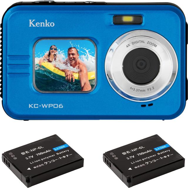 ケンコー(Kenko) 防水コンパクトカメラ KC-WP06 ST バッテリー2個セット IP58防塵防水性能 広角25.5mm フロントモニター搭載 2.7K動画撮影 ブルー 163566