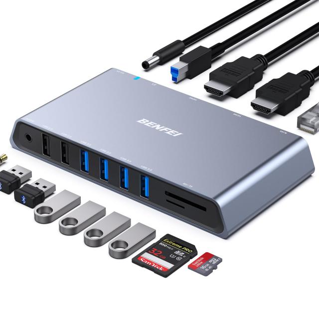 BENFEI 12-in-1 USB 3.0 USB-C ドッキングステーション Docking Station、デュアル HDMI ディスプレイ/6*USB ポート/SD/TF カードリーダー/1Gbpsギガビットイーサネットネットワーク/3.5mm メスヘッドフォンジャ