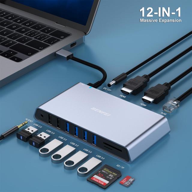 BENFEI 12-in-1 USB 3.0 USB-C ドッキングステーション Docking Station、デュアル HDMI ディスプレイ/6*USB ポート/SD/TF カードリーダー/1Gbpsギガビットイーサネットネットワーク/3.5mm メスヘッドフォンジャ_1
