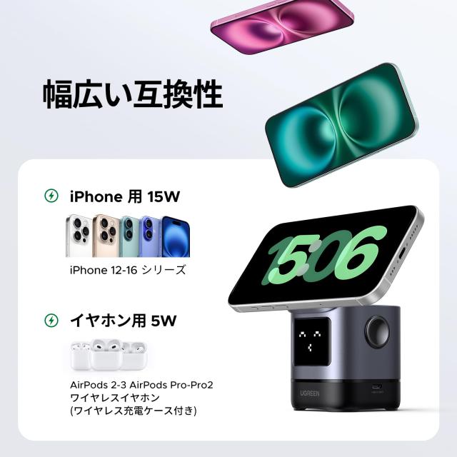 UGREEN Uno Qi2 15W ワイヤレス充電器 MagSafe対応 iPhone ワイヤレス充電 2台同時急速充電 顔表示 角度調整可能 2in1USB Cポート拡張 iphone17/16/15/14/13/12/AirPods Pro/3/2/1/iWatch/ワイヤレスイヤホンに対応_5