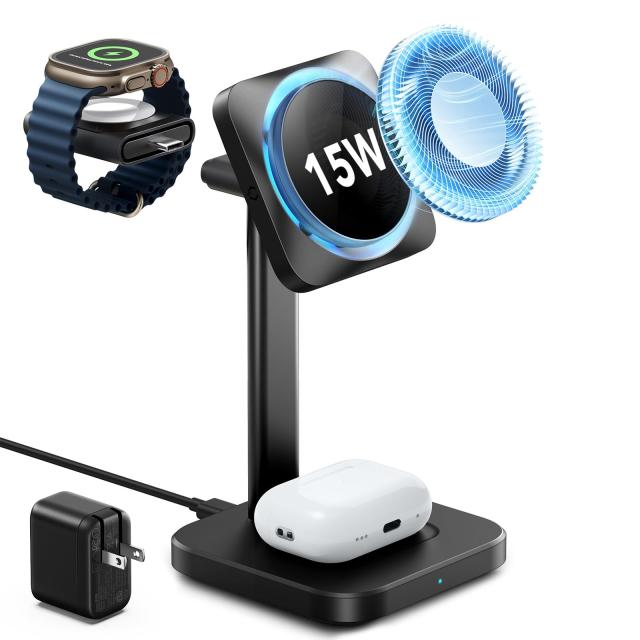ESR 15W 3 in 1 ワイヤレス充電器（CryoBoost搭載) Apple認定Watch充電器15W Magsafe充電器（iPhone用）スマホ冷却ワイヤレス充電器 iPhone 17e/17/16/15/14/13/12シリーズ用 アップルウォッチAirPods 4/3/AirPods Pro用