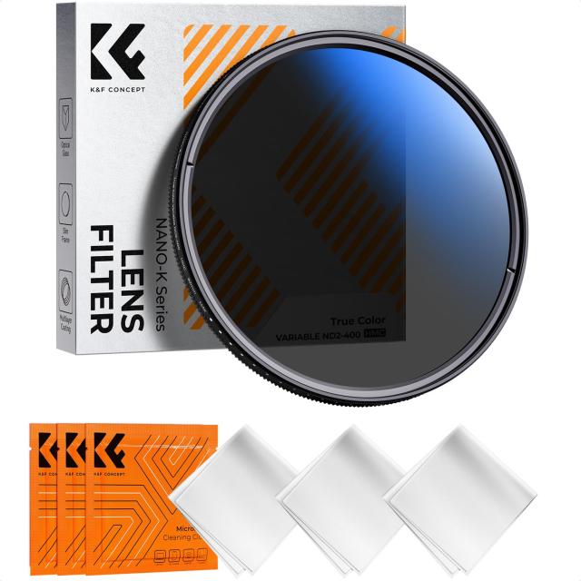 KF CONCEPT TRUE COLOR ND2-ND400 可変NDフィルター 黄色被り解消可能 減光量調整 9段階調節可能 光学ガラス 18層コーティング 薄枠 クリーニングクロス付き