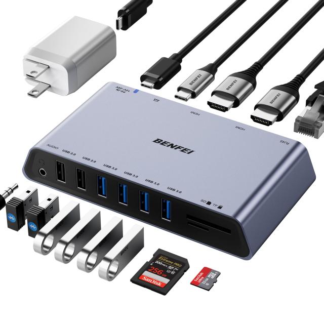 BENFEI 12-in-1 USB A/C ドッキングステーション Docking Station、デュアル HDMI ディスプレイ/6*USB ポート/SD/TF カードリーダー/1Gbpsギガビットイーサネットネットワーク/3.5mm メスヘッドフォンジャック