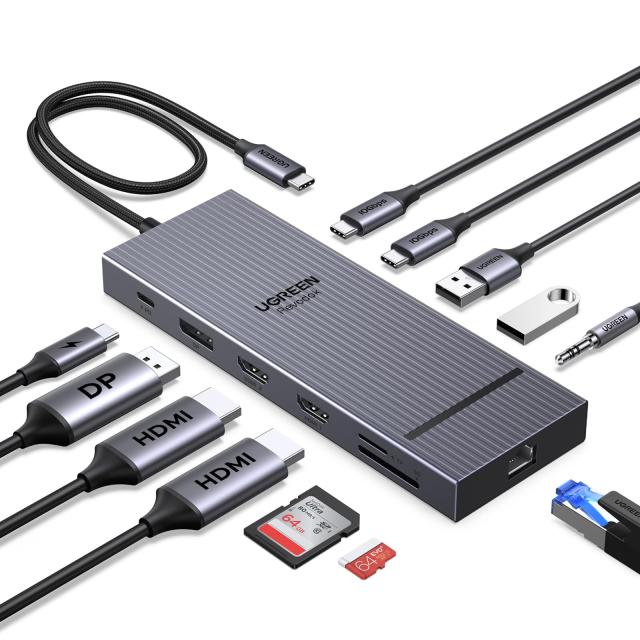 UGREEN Revodok Pro 12-in-1 トリプル4Kドッキングステーション、2*HDMI+DP、2x10Gbps USB C、2xUSB2.0A、100W PD急速充電、SD/TF、1000Mbpsイーサネット、3.5mmオーディオ、MacBook/DELL/HPなどのためのUSBCハブ