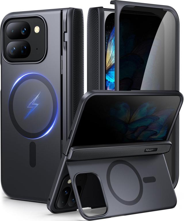 TONGATE マグネット式 Google Pixel 9 Pro Foldケーススタンド付き、[MagSafe対応] Google Pixel Fold 2 2024用スクリーンプロテクター＆ヒンジ保護内蔵頑丈Google 9Pro Foldスマホケース、ブラックプライバシーフ