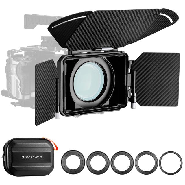 KF CONCEPT マットボックス 4x5.65インチ Mini Matte Box サイドフラグ有り カーボンファイバー製 67mm/72mm/77mm/82mm/95mmのアダプターリング付き 2枚の角型フィルター装着可能 収納ケース付属 （Nano-Xcel Pr