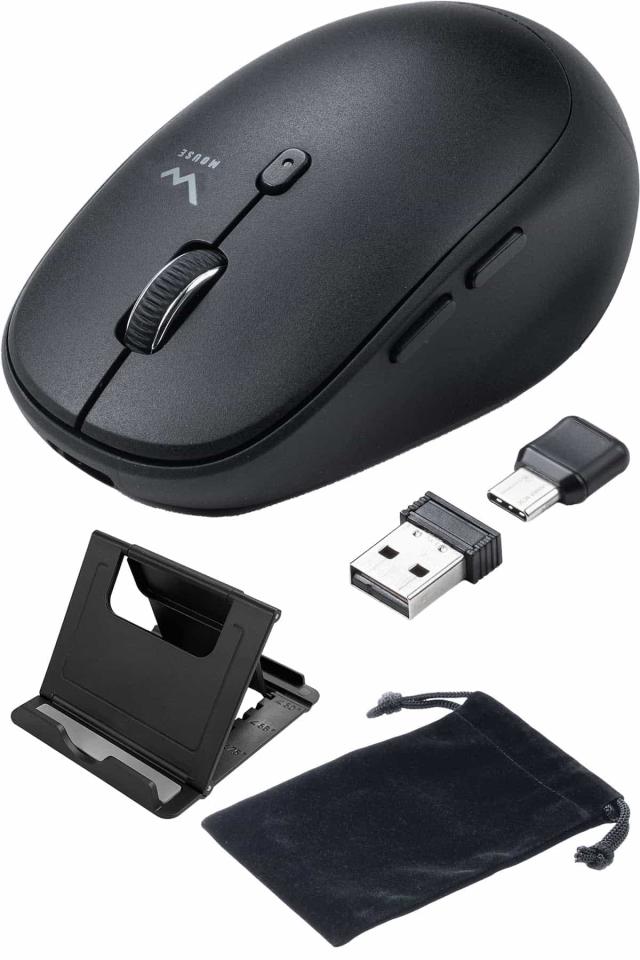 サンワダイレクト ワイヤレスマウス 充電式 静音 Type-C Type-A 5ボタン 戻る 進むボタン搭載 dpi切替 スマホスタンド＆ポーチ付き 400-MAWC173BK