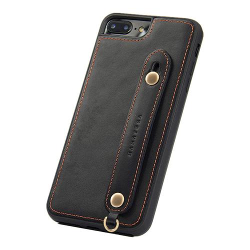 HANATORA iPhone8Plus ケース 本革 耐衝撃 背面ベルト ストラップリング スマホケース スマホ スタンド機能 コードホルダー ガラスフィルム 付き オイルドレザー ギフト ブラック GH-8P-Black-m