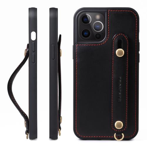 HANATORA iPhone12ProMax ケース 本革 耐衝撃 背面ベルト ストラップリング スマホケース スマホ スタンド機能 コードホルダー ガラスフィルム 付き オイルドレザー ギフト ブラック GH-12ProMax-Black-m