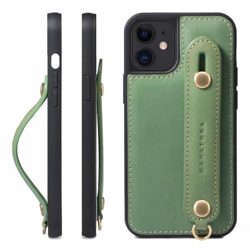 HANATORA iPhone12mini ケース 本革 耐衝撃 背面ベルト ストラップリング スマホケース スマホ スタンド機能 コードホルダー ガラスフィルム 付き オイルドレザー ギフト グリーン GH-12Mini-Green-m