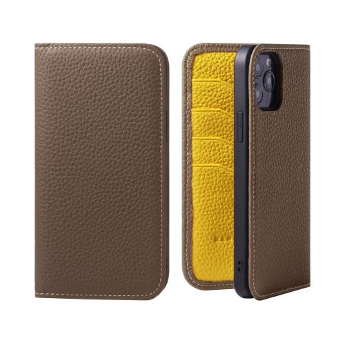 HANATORA iPhone13ProMax ケース 手帳型 本革 スマホケース スマホ スタンド コードホルダー 付き シュリンクカーフレザー ギフト マグネットなし トープ + イエロー PH-13ProMax-Taupe-YL 父の日ギフト 父の日 ギフト 誕生日 人気商品 お父さん 服 30代 40代 50代 60代 70代