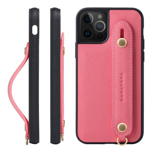 HANATORA iPhone14Pro ケース 本革 耐衝撃 背面ベルト ストラップリング スマホケース スマホ スタンド機能 ガラスフィルム 付き サフィアーノ レザー ギフト マグネットなし ピンク XGH-14Pro-Pink