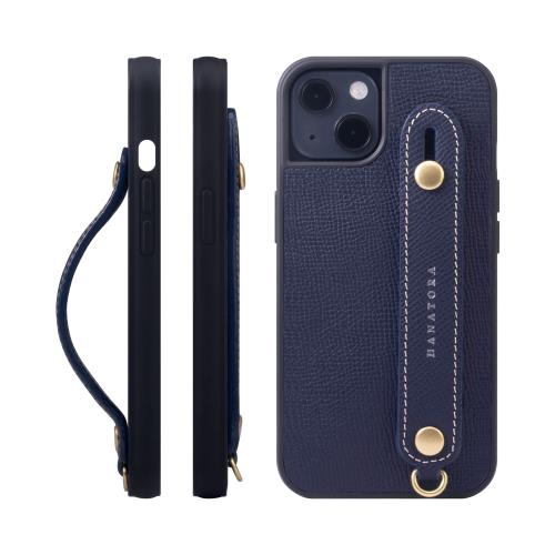 HANATORA iPhone14 ケース 本革 耐衝撃 背面ベルト スマホケース スマホ スタンド機能 ネック ストラップ 付き エンボスレザー ギフト マグネットなし ネイビー NGH-14-Navy
