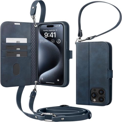 Spigen 創業18年の技術力 iPhone 15 Pro Max ケース 手帳型 革 ショルダー ストラップ 財布 マグネット式 カード収納 スタンド機能 カード ウォレットSプロ ACS06606 (ネイビー)