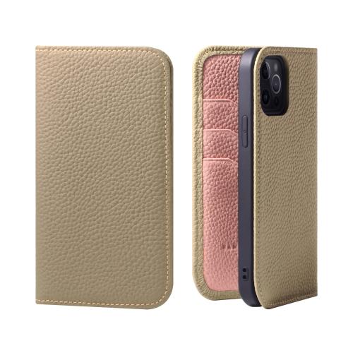 HANATORA iPhone15Pro ケース 手帳型 本革 スマホケース スマホ スタンド コードホルダー 付き シュリンクカーフレザー ギフト マグネットなし グレージュ + ピンク PH-15Pro-Grege-PK 父の日ギフト 父の日 ギフト 誕生日 人気商品 お父さん 服 30代 40代 50代 60代 70代