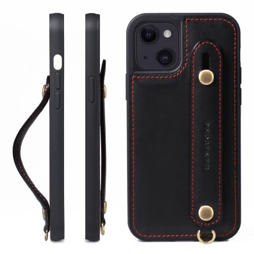 HANATORA iPhone15 ケース 本革 耐衝撃 背面ベルト ストラップリング スマホケース スマホ スタンド機能 コードホルダー ガラスフィルム 付き オイルドレザー ギフト ブラック GH-15-Black-m