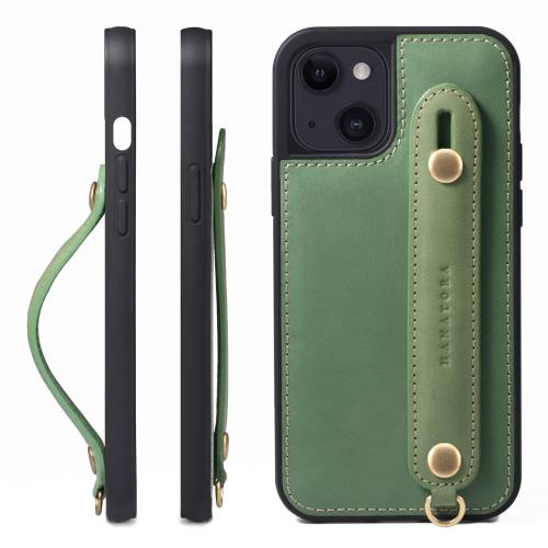 HANATORA iPhone15 ケース 本革 耐衝撃 背面ベルト ストラップリング スマホケース スマホ スタンド機能 コードホルダー ガラスフィルム 付き オイルドレザー ギフト グリーン GH-15-Green-m