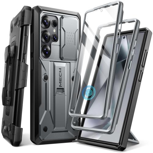 Tongate Samsung Galaxy S24 Ultraケース、スライド式カメラカバー＆スクリーンプロテクター内蔵2つのフロントフレームミリタリーグレードの衝撃吸収S24 Ultra用ケース、キックスタンド＆ベルトクリップ付き、6.8インチ、グレー