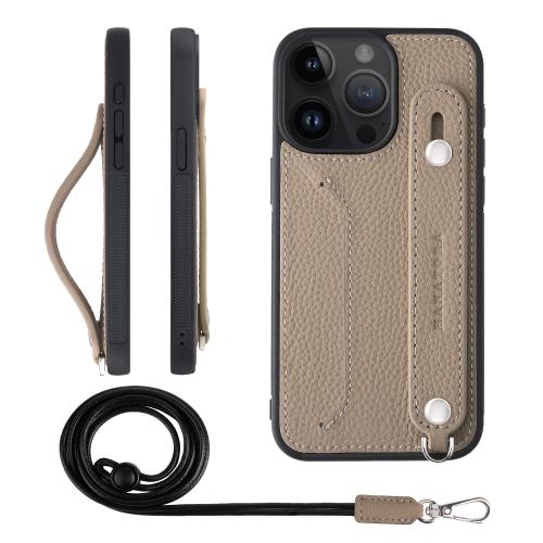 HANATORA iPhone15ProMax ケース 本革 耐衝撃 背面ベルト ストラップリング スマホケース スマホ スタンド機能 ネックストラップ 付き カードポケット シュリンクレザー ギフト グレージュ CGHGZ-15ProMax-Grege
