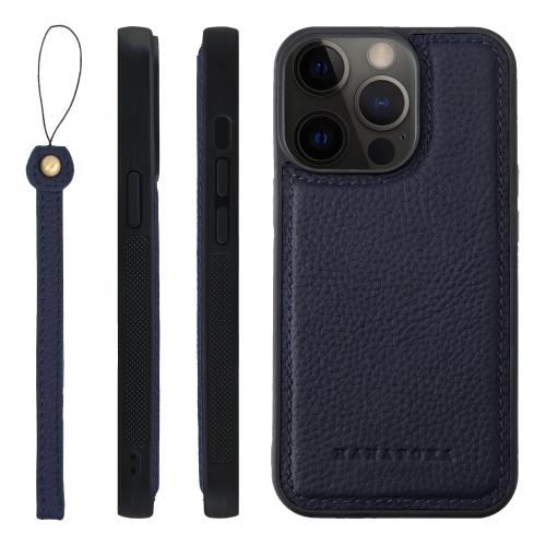 HANATORA iPhone13Pro ケース 本革 耐衝撃 バンパー型 スマホケース スマホ ストラップ 付き シュリンクレザー ギフト ネイビー SPGGZ-13Pro-Navy