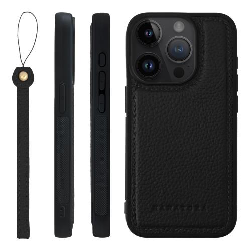 HANATORA iPhone15Pro ケース 本革 耐衝撃 バンパー型 スマホケース スマホ ストラップ 付き シュリンクレザー ギフト ブラック SPGGZ-15Pro-Black