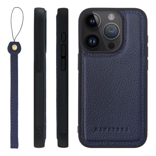 HANATORA iPhone15Pro ケース 本革 耐衝撃 バンパー型 スマホケース スマホ ストラップ 付き シュリンクレザー ギフト ネイビー SPGGZ-15Pro-Navy