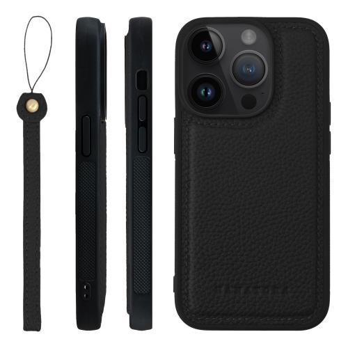 HANATORA iPhone14Pro ケース 本革 耐衝撃 バンパー型 スマホケース スマホ ストラップ 付き シュリンクレザー ギフト ブラック SPGGZ-14Pro-Black