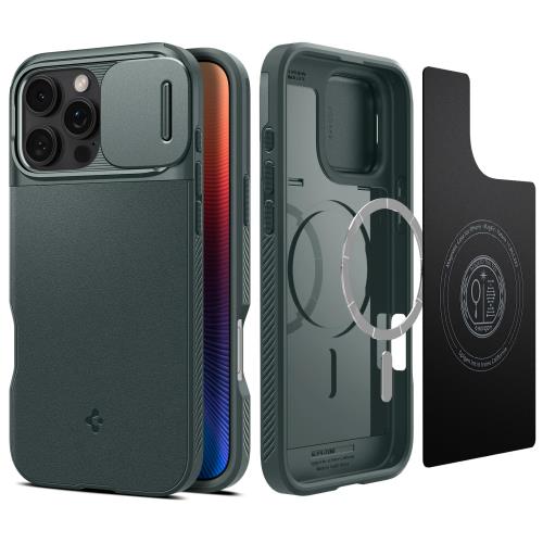 Spigen iPhone 16 Pro Max ケース MagSafe対応 カメラカバー レンズ保護 マグネット搭載 マット 耐衝撃 米軍MIL規格 オプティック・アーマー・マグフィット ACS08016 (アビス・グリーン)