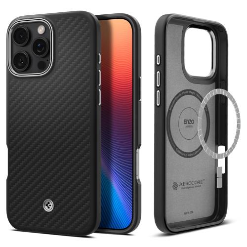 Spigen 創業18年の技術力iPhone 16 Pro Max ケース MagSafe対応 マグネット搭載 マット 米軍MIL規格 エンツォ・アラミド・マグフィット ACS08017 (ブラック・シルバー)