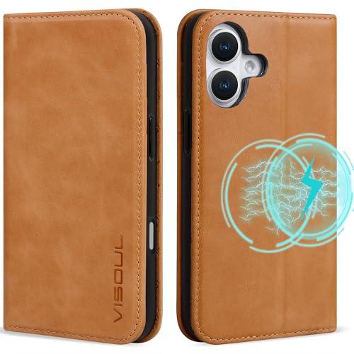 VISOUL iPhone16 対応 ケース 手帳型 本革 アイフォン16 レザーケース MagSafe対応 横置きスタンド機能 あいふぉん16 スマホケース カード収納 携帯カバー 全面保護 マグネット 柔軟なTPU素材 アイホン16 カーキ