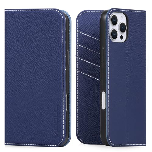 VISOUL iPhone16 ProMax 対応ケース 手帳型 本革 スマホケース レザーケース 手帳型ケース アイフォン16Promax ケース MagSafe対応 カード収納 携帯ケース 全面保護 マグネット 柔軟なTPU素材 アイホン16 ProMax ネイビー