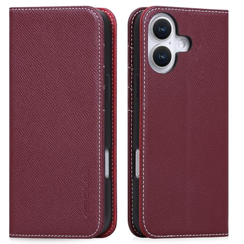 VISOUL iPhone16 Plus 対応ケース 手帳型 本革 サイドマグネット スマホケース レザーケース 手帳型ケース アイフォン16 Plusケース カード収納 携帯ケース MagSafe対応 全面保護 マグネット 柔軟なTPU素材 アイホン16 Plus レッド